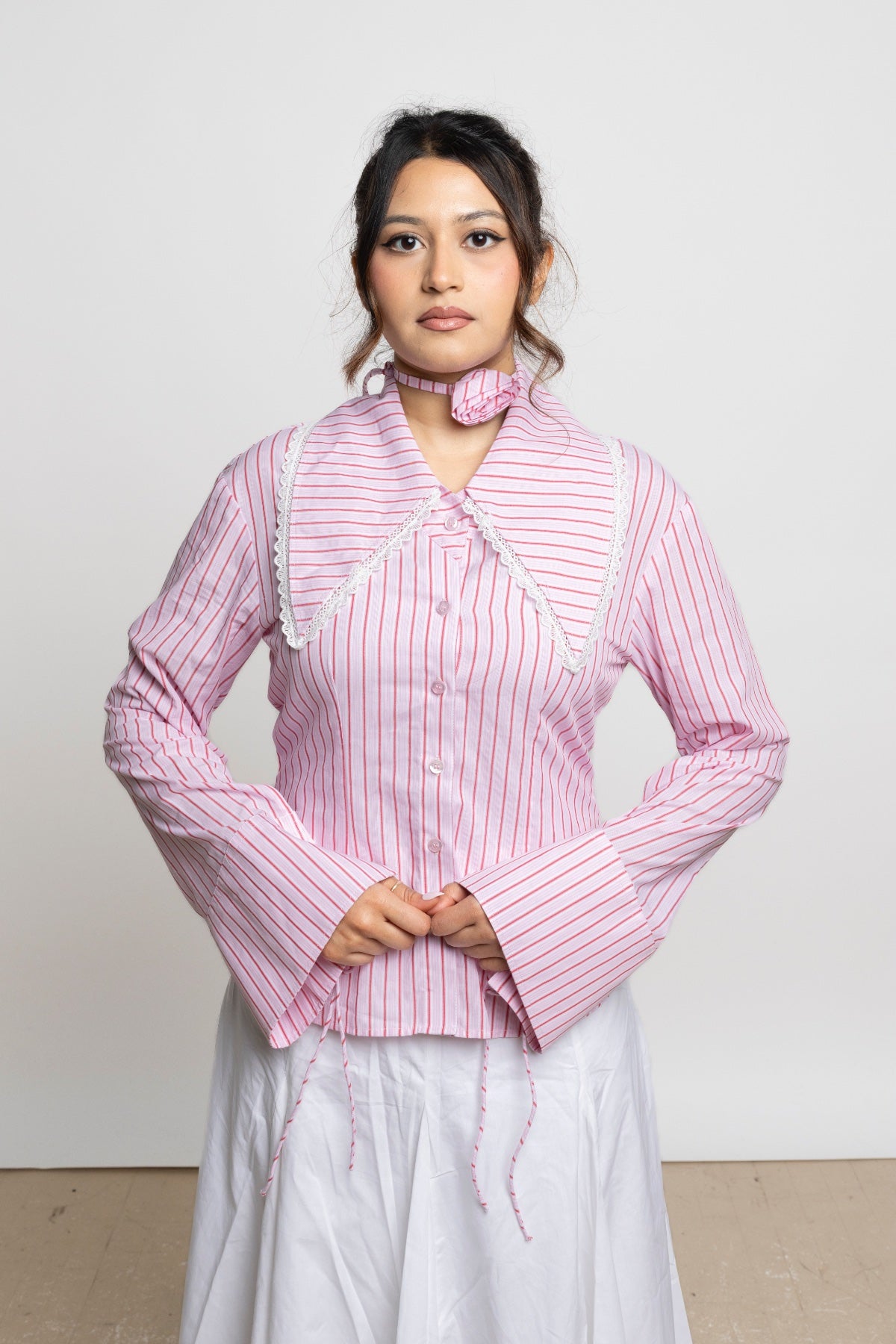 AMAL SHIRT - Pink Stripe Lace Collar
