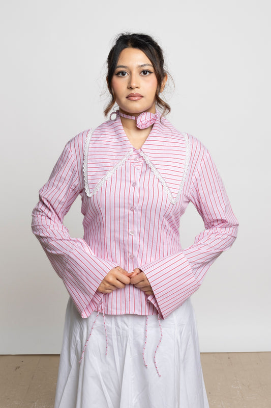 AMAL SHIRT - Pink Stripe Lace Collar