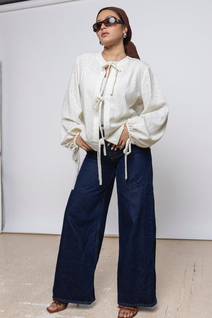 Erun Tie-Front Embroidered Cotton Top – Ivory