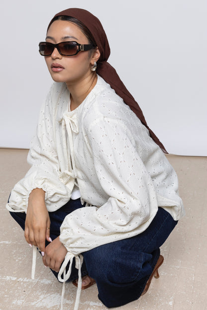Erun Tie-Front Embroidered Cotton Top – Ivory