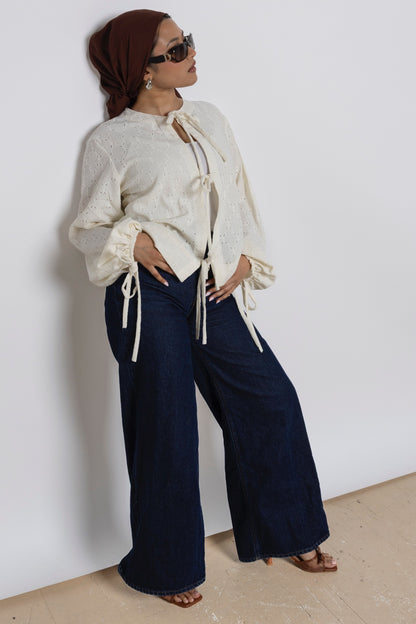 Erun Tie-Front Embroidered Cotton Top – Ivory